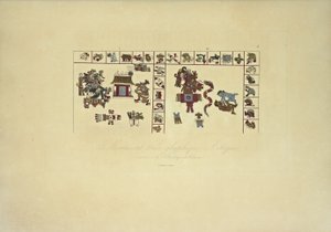 バチカン図書館で保存されているアステカの象形文字の写本、アレクサンドルフォンフンボルトとエイムボンプランドによるコルディジェラとアメリカ先住民の記念碑の眺めのイラスト、1813